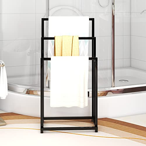 HAHRIR Metal Tier Stainless Steel Towel Rail, Freestanding Towel Rail for Bathroom Accessories Organiser, for Bathroom Storage & Towels & Washcloths & Ceiling Rack (Black, 3-T)