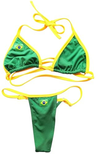 NORDESTINA - BBikini brasiliano Sexy - Micro Perizoma Fio Dental, Bikini Verde e Giallo, Costume da Bagno Sexy, Verde 1, M Pequeño