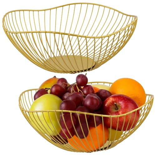 UNGFEI 2 PCS Gold Wire Fruit Bowl, 25.5 x 10cm Round Metal Kitchen Basket for Vegetable, Snack, Bread, Fruit, Geometric