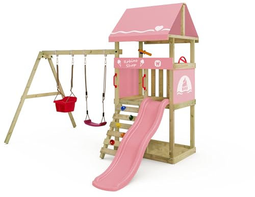 Wickey Spielturm DinkyHouse mit Schaukelanbau - pastellpinke Rutsche & Plane - Kinder Kletterturm für den Garten aus Massivholz - 303x317x247 cm