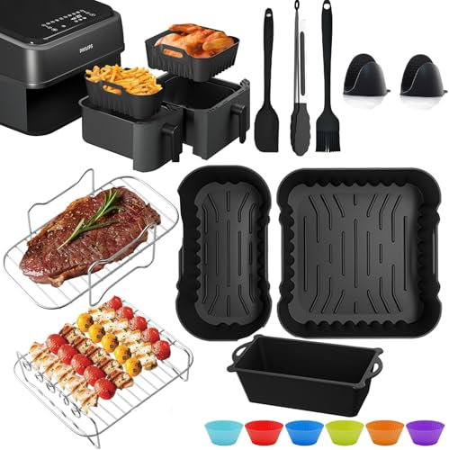 Philips Airfryer Accessory Set for Dual Basket 3000-5000 Series 3L/6L - 22-Piece Hot Air Fryer Accessory Set with Silicone Moulds, Cooking Grate, Bread Baking Mould & More - BPA Free & Dishwasher Safe