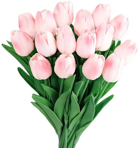 Wekuw 15PCS Tulipe Fleurs Artificielles Tulip, Fausse Fleur Bouquet | Artificielle Latex Tulipes, Eternelle PU Faux, pour Mariage Intérieur, Extérieur Poudre Blanche