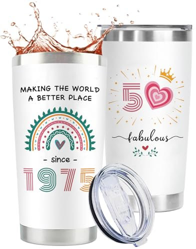 GiftGem 50th Birthday Gift for Women - 50th Birthdays Creative Travel Mug, Interesting Personalized Mug, Bron in 1975 Birthday Gift for Mum Grandma Wife Daughter Sister Best Friend