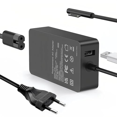 Caricatore 65W Microsoft Surface Laptop,65W Alimentatore Laptop Per Microsoft Surface Pro 11/10/9/8/7/7+/6/5/4/3/X,Go 4/3/2/1,Surface 7/6/5/4/3/2,Book 2/1,USB Type A 2 Pin NA