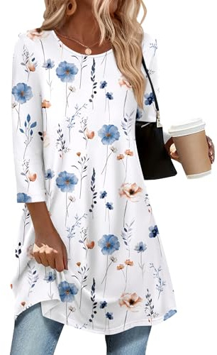 Zeagoo Summer Blouses for Women Loose Fit 2025 3/4 Sleeve Floral Tunic Tops for Leggings Cute Crew Neck Tee Shirts