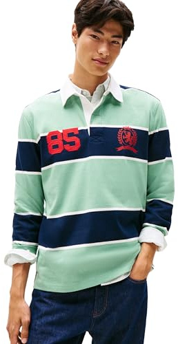 Tommy Jeans Gestreiftes leichtes Rugby-Poloshirt für Herren mit Wappen-Logo, Wolkige Jade-Streifen, L