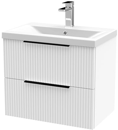 Balterley Vanity Unit with Basin Wall Hung, 2 Drawer Soft Close with Mid Edge Sink and Handles, Bathroom Vanity Units with Basin, Fluted Front Sink Cabinet - 610 x 390 x 540mm (White)