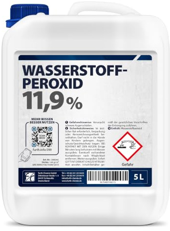 Wasserstoffperoxid 11,9% H2O2 5 l, unstabilisiert, ohne Phosphorsäure | Unstabilisiert, ohne Phosphorsäure | Auf 3, 6 oder 9 % verdünnen – nur mit demineralisiertem Wasser | Dosiertabelle