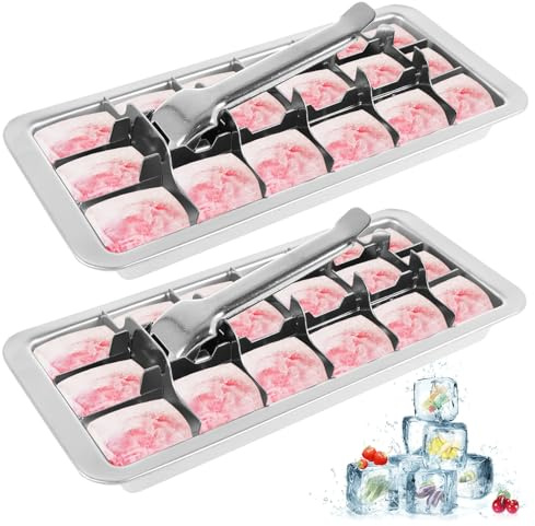 2 Pcs Metal Ice Cubes Tray,Stainless Steel 18 Slot Removable Ice Cube Maker with Easy Release Handle,Detachable Trays for Making Various Cubes and Frozen Foods