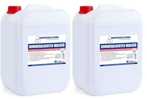 Ravensberger Chemie VE-Wasser im Kanister – demineralisiert & entionisiert nach DIN, kalkfrei – für Auto, Batterie, Haushalt, Labor & Reinigung – Ersatz für destilliertes Wasser (2x 10 Liter)