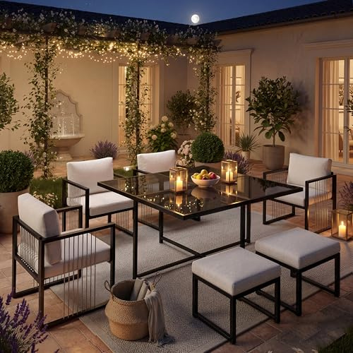 Merax 7-teiliges Gartenmöbel Set für 6 Personen, Esstischgruppe Outdoor mit 117x117 cm Hartglas-Tisch, 4 Sessel & 2 Hocker, wetterfest & UV-beständig, mit dicken Kissen für Balkon, Terrasse & Garten