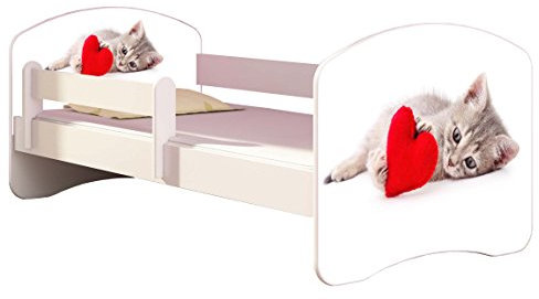 Kinderbett Jugendbett mit einer Schublade und Matratze Weiß ACMA II 140 160 180 40 Design (140x70 cm, 40 Katze mit Herz)