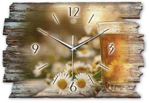 Kreative Feder Designer Wanduhr „Kamille“ aus Holz 40x27cm im Shabby Style Design - Designeruhr mit flüsterleisem Uhrwerk ohne Ticken WH005L (Kamille, leises Quarzuhrwerk)