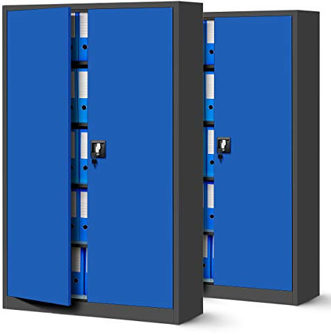 Jan Nowak 2er Set Aktenschrank XXL C001II Büroschrank Metallschrank Flügeltüren Stahlblech Pulverbeschichtung 185 cm x 115 cm x 40 cm (anthrazit/blau)