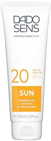 DADO SENS SUN Sonnenfluid SPF 20 125ml, bei sonnenempfindlicher Haut | Mittlerer Sonnenschutz, Leichtes Fluid, Wasserresistent, Mit Anti-Aging Komplex, Haut- & Zellschutz, Schutz vor Mallorca Akne