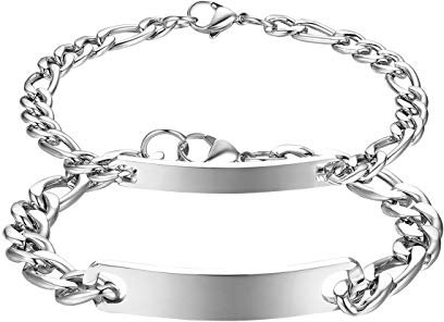 JewelryWe Schmuck 2pcs Pärchen Armband mit Gravur, Edelstahl Poliert Figarokette Partnerarmband Freundschaftsarmband Paar Armkette Armreif für Herren Damen, Silber