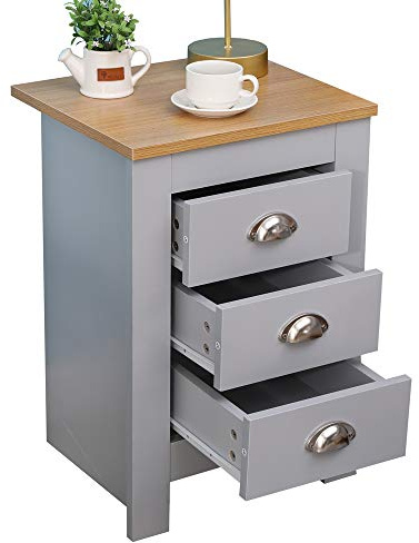 CFDZ CF Furniture 3 Drawer Bedside Cabinet Night Stand End Table Bedroom Accessories -Grey+Oak,40x35x58cm