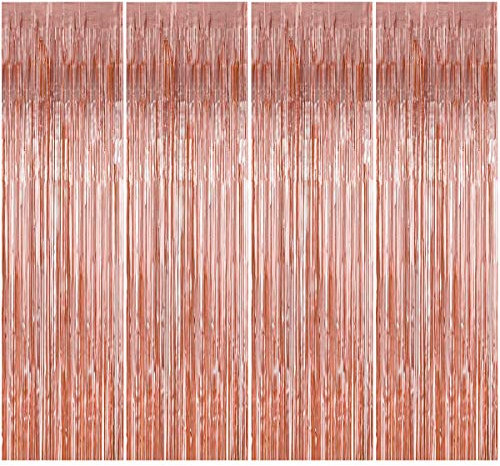 4 Pièces Rideau Métallique de Frange, 1x2m Rideaux à Franges en Feuille Rideaux de Clinquant, Tinsel Shimmer Rideaux pour Anniversaire Mariage Fête Fenêtres Porte Décorations (Or Rose)