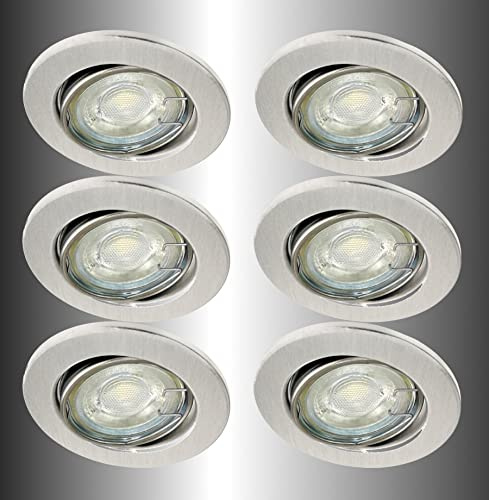 Trango 6729-069G6KSDAK 6er Set Deckenstrahler in ALU gebürstet rund inkl. 6x 5 Watt 3-Stufen dimmbar GU10 LED Leuchtmittel 6000K Tageslichtweiß (kaltweiss) Einbaustrahler, Einbauspot, Deckenleuchte