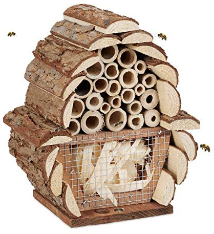 Relaxdays Insektenhotel, Nisthilfe Bienen, Florfliegen, Hummeln, Garten & Balkon, Bienenhotel HBT 20,5x17,5x11 cm, Natur