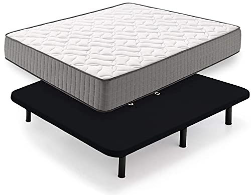 HOGAR24 HS14-Colchón Viscoelástico + Base Tapizada, en Color Negro, con Patas, Medida 135x190 cm, Núcleo Fresh Natur Alta Densidad Efecto Regenerador, Altura 24 cm