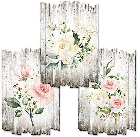 Kreative Feder Shabby Chic Landhausstil Wandbilder Holz | Deko-Schilder aus Holz im 3er Set | Wanddeko für Ihr Zuhause | in 30x20cm (Rosen)
