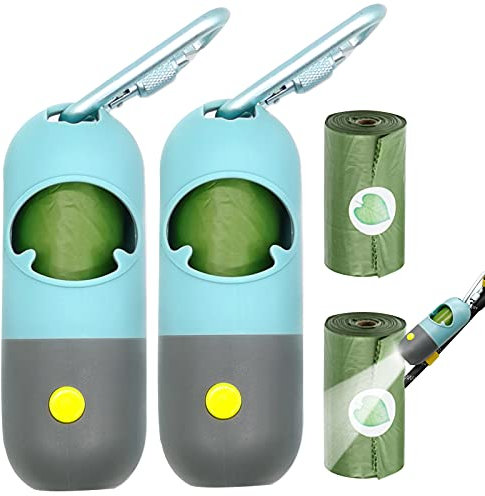 Dog Poop Bags dispenser with LED Flashlight|Dog Bags for Poop with Dispenser and Leash Clip|Pet Waste Bags Refill Rolls-2 Pack
