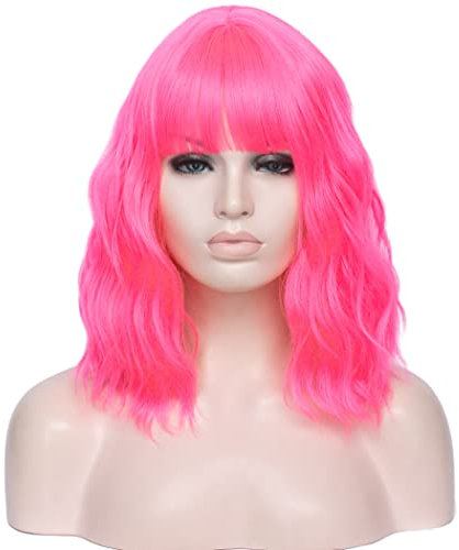 Kurze Rosa Bob Perücke, ATAYOU Damen Rot Pink Lockig Gewellt Halloween Karneval Cosplay Perücke