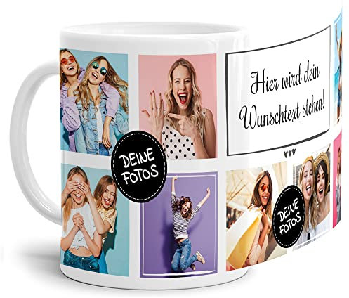 Foto-Tasse selbst gestalten mit Text & Collage für 8 Fotos - Geschenk für Familie, Freunde, Geburtstag, Weihnachten - Keramik Weiß, 300 ml I Personalisiert