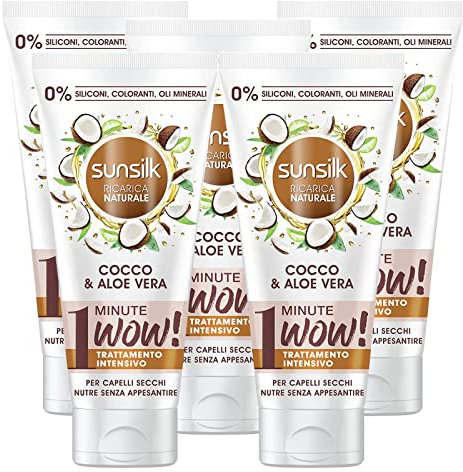5x Sunsilk 1 Minute Wow Trattamento Intensivo Capelli Secchi con Cocco e Aloe Vera - 5 Flaconi da 180 ml