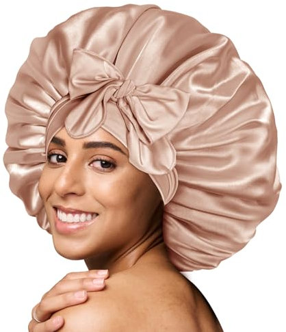 BONNET QUEEN Cuffia Seta Capelli Notte Regolabili Cuffia Capelli Ricci Bonnet con Lacci Lunghi Morbida e Protettiva Anti-Crespo, Champagne