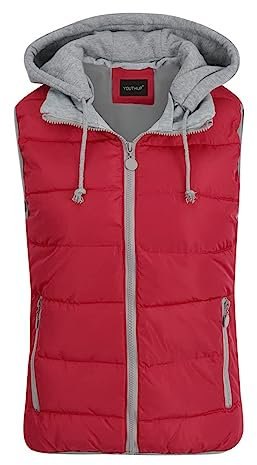 YOUTHUP Women's Quilted Gilet with Hood Thick Casual Body Warmer Full Zip Sleeveless Jacket, Red, XL