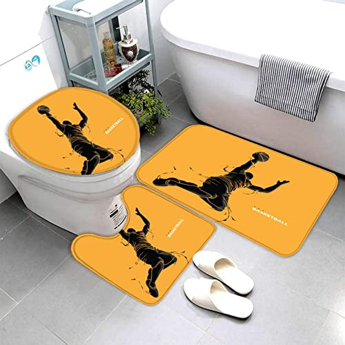 AOLIGL Badezimmermatte Set Basketball Gelb 3D Drucken Teppich Badezimmer Badgarnitur 3teilig Mikrofaser Bath mat U-förmigen Contour Matte- WC Vorleger（40 x60 cm）
