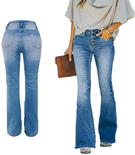 90er Jahre Vintage-Jeans mit Knopfleiste, Hoher Taille, Ausgestelltem Bein, Damen, Hoher Bund, Distressed, Klassischer, Dehnbarer Denim-Schlag (Color : Blue, Size : S)