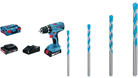 Bosch Professional 18V System Akku-Bohrschrauber GSR 18V-21 (inkl. 2x2.0 Ah Akku + Ladegerät, in L-BOXX 136) + 4x Expert CYL-9 MultiConstruction Bohrer Set (für Beton, Ø 4-8 mm, Zubehör)