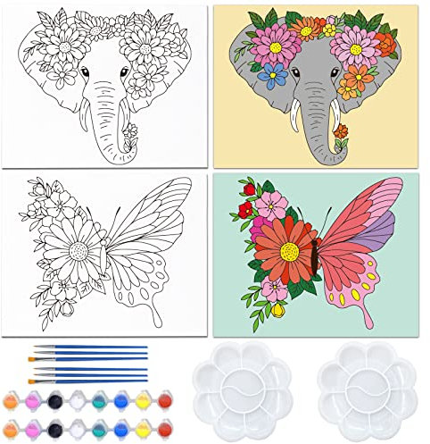 WEBEEDY 2 Stück Leinwand Zum Bemalen Set mit Rahmen und Acrylfarben 25x20 cm Kunst Vorgezeichnete Leinwand malen Set Canvas Painting für Kinder Teenager (Blumen &Tierthema)
