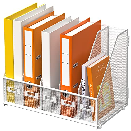 DALTACK Schreibtisch-Organizer, Zeitschriftenordner mit 5 vertikalen Fächern, Aktenordner für Büro, Zuhause, Schule, Organisation, Metallnetz, Weiß