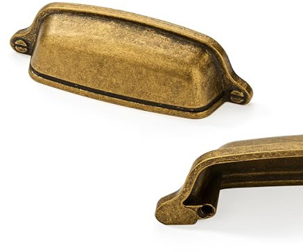 CABDM 10 Pack 3 inch(76 mm) Antique Brass Cabinet Cup Pulls Aged Gold Drawer Pulls Kitchen Hardware Vintage Brass Cabinet Handles Drawer Handles Knobs Bin Cup Pull.
