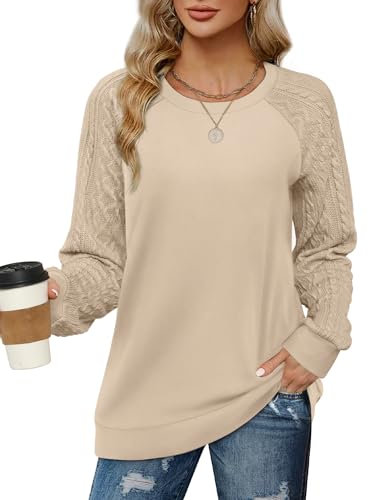 Aokosor Ladies Jumpers Cable Knit Sweatshirts for Women Lightweight Long Sleeve Tops Beige Size 14-16