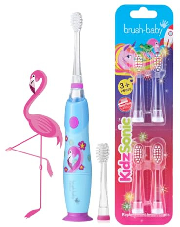 Brush-Baby - Flamingo KidzSonic Kids Electric Toothbrush, 3+ Years - DeepClean Bristles, Suction Base - Fun Design with Flashing Disco Lights - with 4 x Replacement Heads & 1 x AAA Batteries