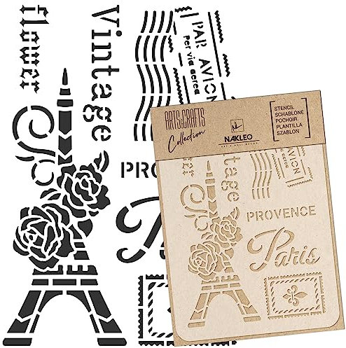 NAKLEO Malschablone für Handwerk A4 21x30cm, Paris Postkarte Frankreich Muster, Wiederverwendbare Kunststoff DIY & Scrapbooking Zeichenschablone, Decoupage Kunst Vorlage, Wand Stoff Möbel Holz