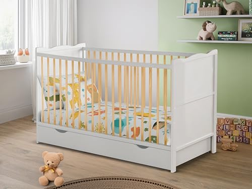 Babybett für Neugeborene, Massivholz, mit Schublade unter der Schublade, inklusive Holzmöbel, verwandelt sich in ein Junior-Kleinkindbett, 120 x 60 cm oder 140 x 70 cm, Weiß