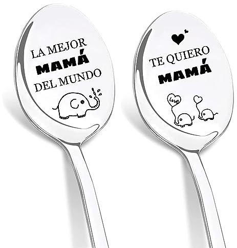 DIKARIYA Regalo Madre Cumpleaños, Regalos Originales para Madres, 2 Piezas Cucharas de Café con Grabado, Cuchara de Postre de Acero Inoxidable, Ideas Regalo para Mama, Regalo Dia de la Madre Originale