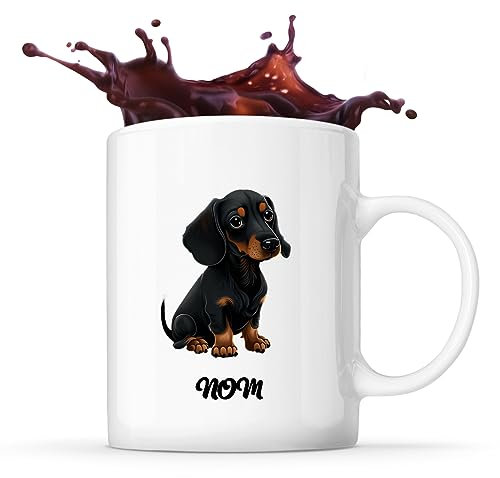 Tasse Teckel style Cartoon Prénom Nom Personnalisable | Mug Café Thé Idée Cadeau Personnalisé Homme Femme Original pour propriétaire de chien