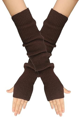 MoreChioce 1 Paar Frauen Lange Fingerlose Handschuhe, Winter Gestrickt Armstulpen Ellenbogenlange Handgelenk Pulswärmer Damen Halbfingerhandschuhe Fäustlinge Strickhandschuhe mit Daumenloch,Kaffee