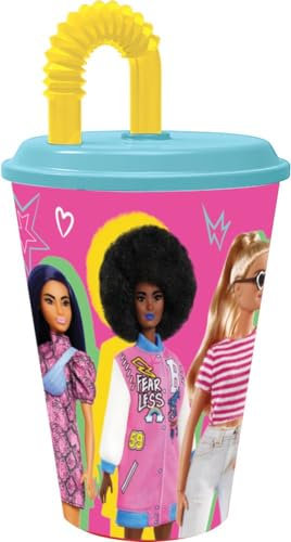 Bicchiere rosa e azzurro per bambine in plastica Barbie 430 ml con cannuccia e coperchio flessibile