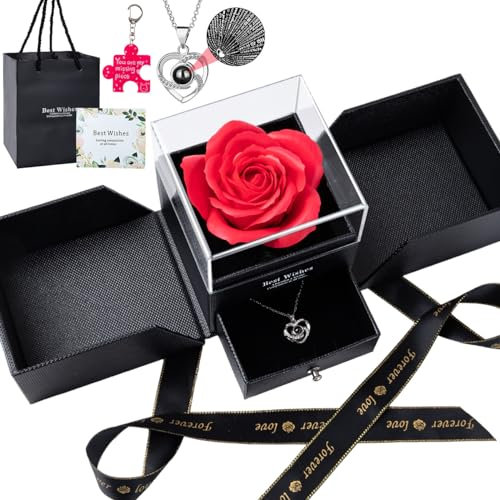 Eternal Rose, regalo da donna, rosa e ternelle, scatola regalo eterna rosa con collana I Love You 100 lingue e biglietto di auguri, portachiavi, per San Valentino, mamma, moglie, nonna, fidanzata