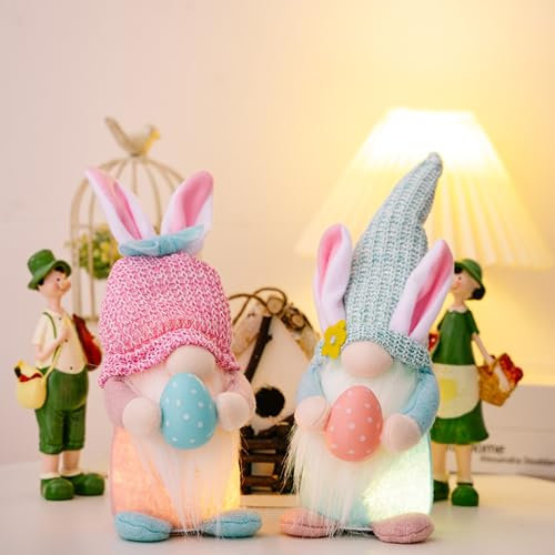 ENLACE 2 Stück Ostern Wichtel Mit Led, Osterwichtel Hase Mit Eier, Handgemachte Plüsch Puppen, Osterhasen Puppen für Osterdekoration Tischdeko Frühling Wichtel Festliche Geschenk