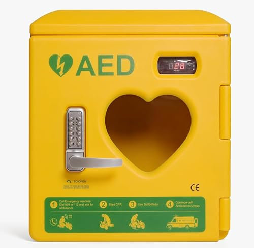 AED-Defibrillator-Aufbewahrungsschrank, wandmontierter AED-Alarmkasten aus Stahl, eingestellter Temperaturbereich von -20–70 °C, mit Temperaturkontrollsystem und Griff, passend für die meisten AED-M