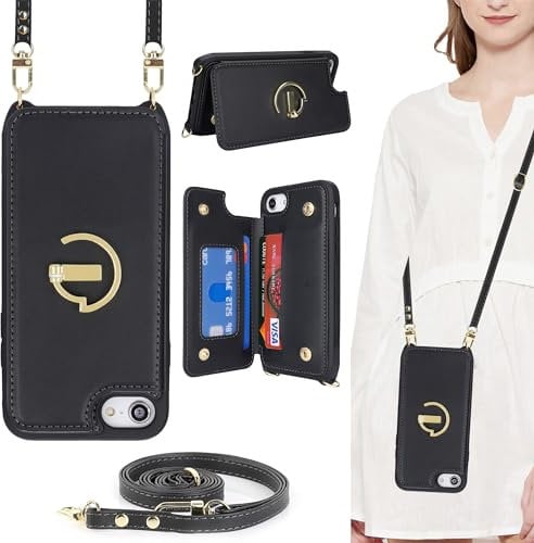 ELTEKER for iPhone 7/8/SE Phone Case with Card Holder and Strap,Wallet Case Flip Cover with Crossbody Lanyard Strap for iPhone 7/8/SE2020/SE2020 (4.7 Inch) - Black